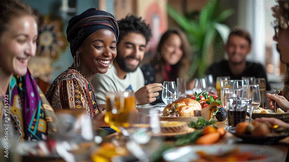 Group of friends from different backgrounds sharing a meal, multicultural unity, togetherness Group of friends from different backgrounds sharing a meal, multicultural unity, togetherness