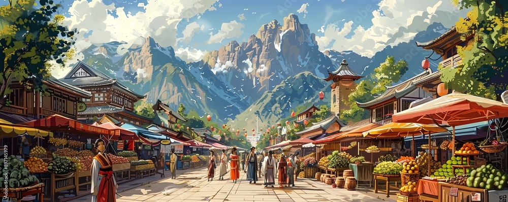 Fototapeta premium Multicultural marketplace with vendors from various cultures, unity, economic diversity