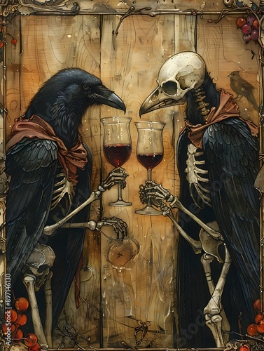 Ghostly Lovers Holding Goblets in Mystical Tarot Scene with Male Skeleton Wielding Scythe
