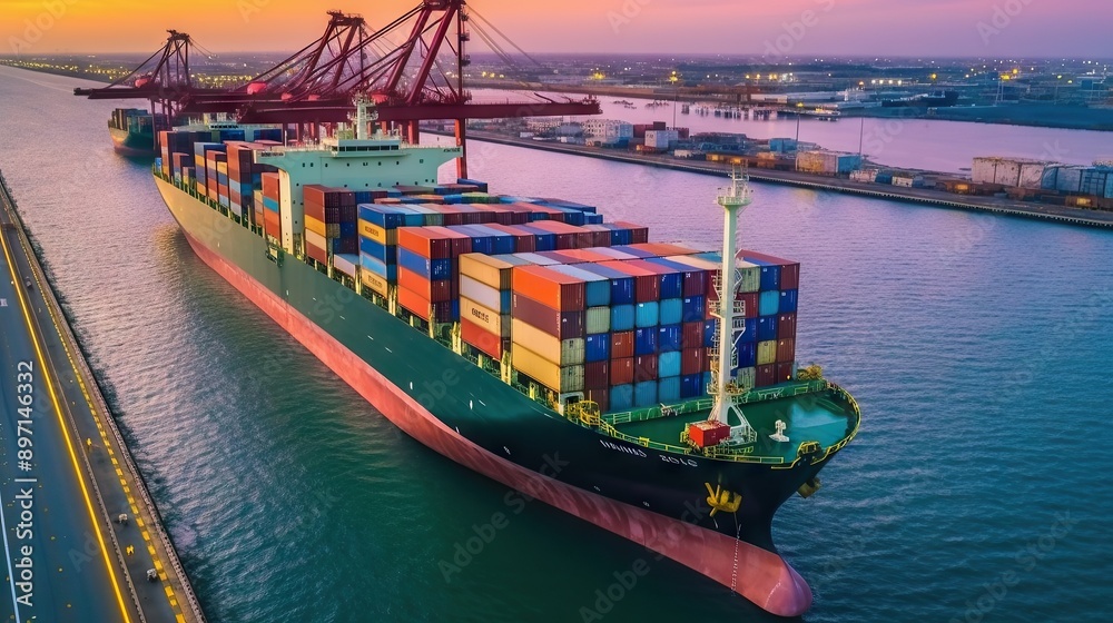 Fototapeta premium A large cargo ship, loaded with multi-colored containers, is docked at a brightly lit port during sunset. Cranes are visible on the deck, indicating ongoing loading or unloading operations. The calm 
