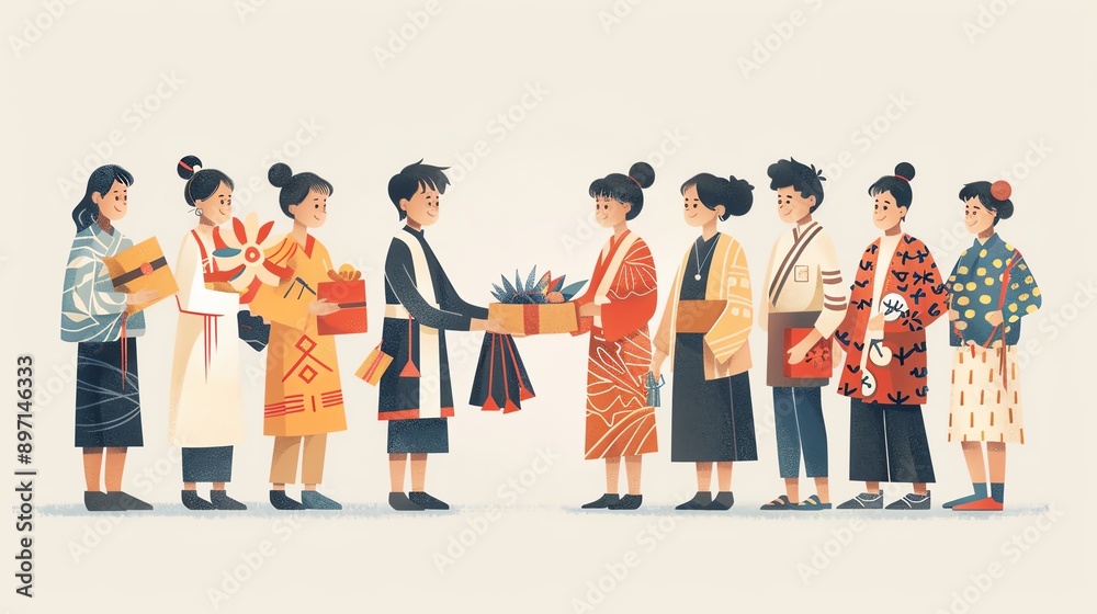 People exchanging cultural gifts, unity, mutual respect People exchanging cultural gifts, unity, mutual respect