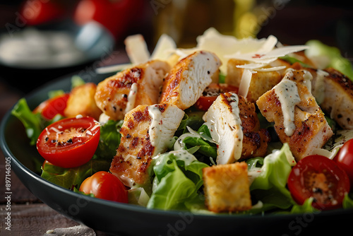 Tasty chicken Caesar salad featuring Parmesan cheese, tomatoes, croutons, and creamy dressing