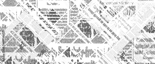 Vector white and black newspaper paper grunge vintage old aged texture with fragments of newspaper text Transparent background.	
