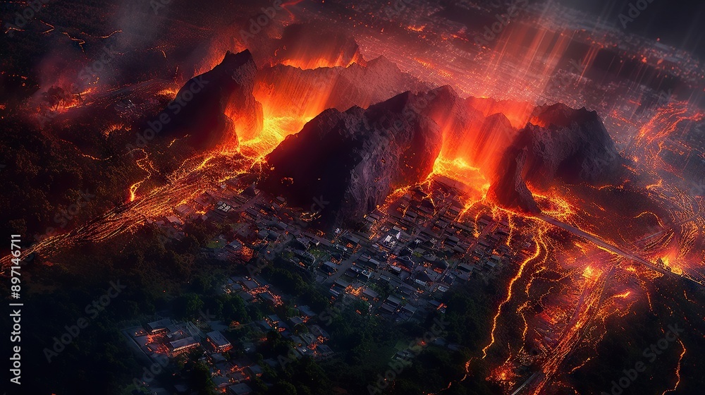 Dramatic scene of an erupting volcano spewing lava and ash over a nearby town, with glowing lava flows illuminating the night sky. The scene vividly captures the destructive powe Dramatic scene of an erupting volcano spewing lava and ash over a nearby town, with glowing lava flows illuminating the night sky. The scene vividly captures the destructive powe