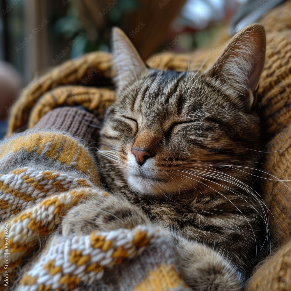 Peaceful and content tabby cat sleeping soundly while wrapped in a cozy, knitted blanket with intricate patterns and warm tones, radiating a sense of comfort and relaxation Peaceful and content tabby cat sleeping soundly while wrapped in a cozy, knitted blanket with intricate patterns and warm tones, radiating a sense of comfort and relaxation