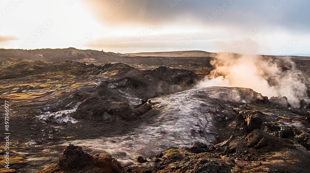 Dramatic volcanic landscape bathed in the warm glow of the sunset, with steam rising from the geothermal activity prevalent in the area, capturing the essence of the rugged, untamed beauty of volca Dramatic volcanic landscape bathed in the warm glow of the sunset, with steam rising from the geothermal activity prevalent in the area, capturing the essence of the rugged, untamed beauty of volca