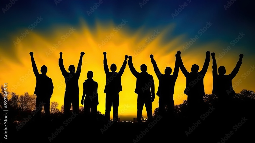 Group of silhouetted people raising their fists against a vibrant sunset, symbolizing unity and triumph. The vivid colors and stances convey a powerful emotion of collective streng Group of silhouetted people raising their fists against a vibrant sunset, symbolizing unity and triumph. The vivid colors and stances convey a powerful emotion of collective streng