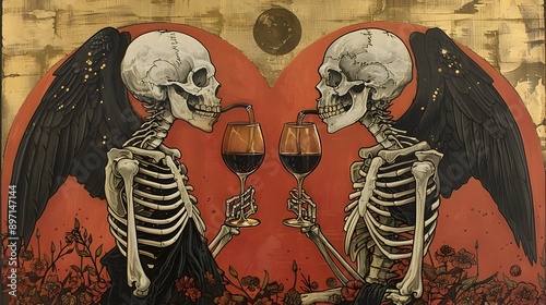 Macabre Tarot Lovers Holding Goblets of Wine with Raven Wings