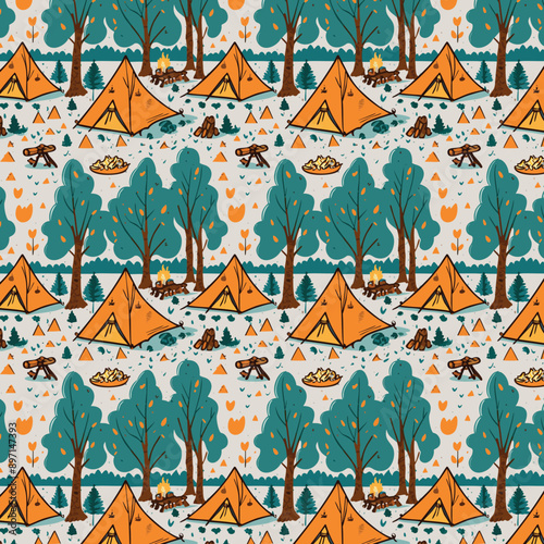 Repeating forest and camping pattern. Flat design. Vector