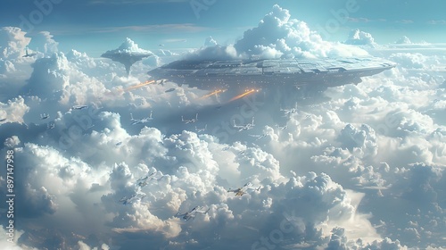 Squadron of Fighter Jets Chasing Dramatic Fast Moving UFO Across Cloud Filled Sky