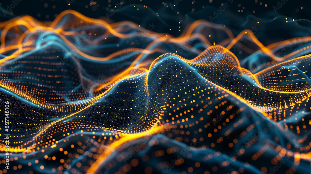 A computer generated image of a mountain range with orange and blue colors. The image has a futuristic and abstract feel to it A computer generated image of a mountain range with orange and blue colors. The image has a futuristic and abstract feel to it