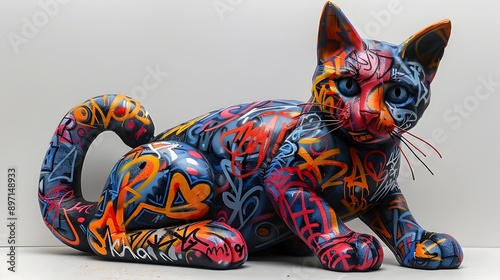 Vibrant Clay Cat Sculpture with Colorful Graffiti and Calligraphic Artwork