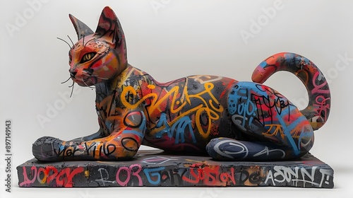 Vibrant Clay Sculpture of a Sitting Cat with Graffiti and Wildstyle Calligraphy
