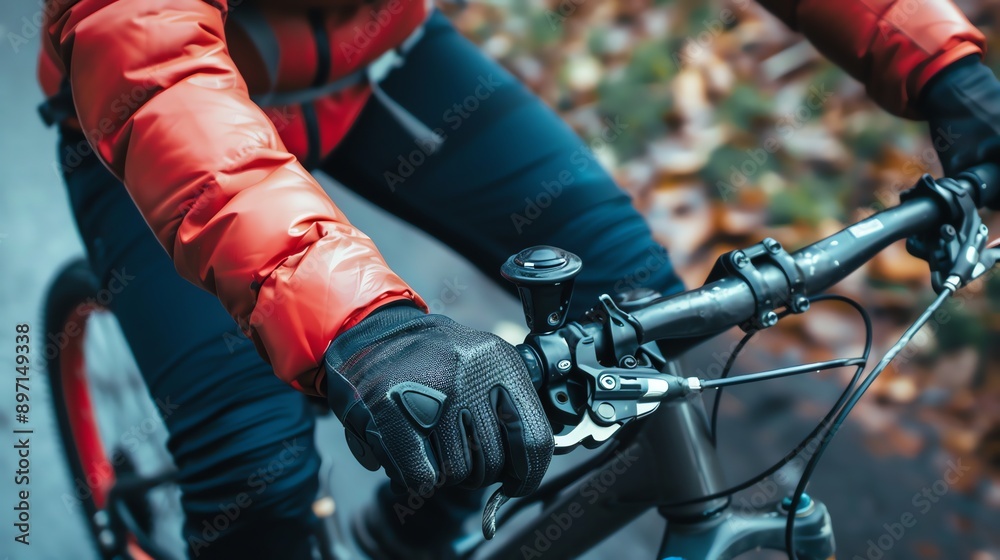 Fototapeta premium Close up of a person's hands on a motorcycle handlebar, wearing black gloves.