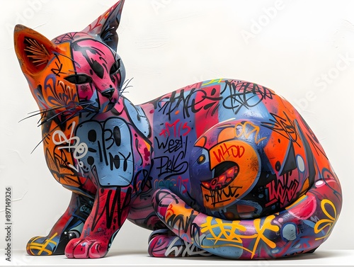 Vibrant Colorful Sculptural Cat Artwork with Wildstyle Graffiti Calligraphy on Clay
