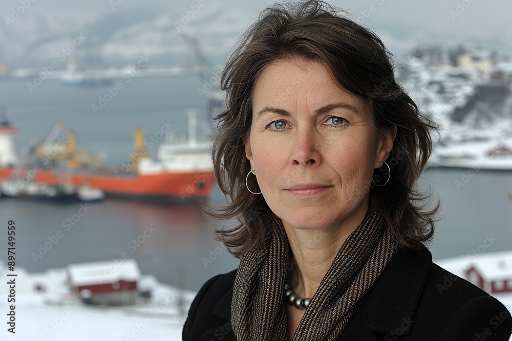 Portrait of a woman with a serious expression standing outdoors in a wintery location with a harbor and boats in the background under a cloudy sky Portrait of a woman with a serious expression standing outdoors in a wintery location with a harbor and boats in the background under a cloudy sky
