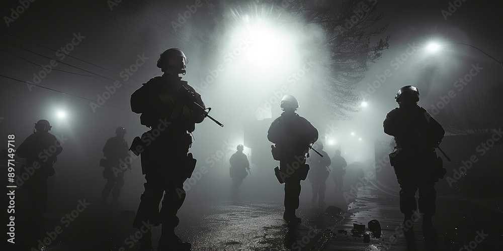 A group of armed soldiers stands in a misty, dimly lit street, creating a moody and tense atmosphere with light beams cutting through the fog, suggesting an active operation or patrol during nighttime A group of armed soldiers stands in a misty, dimly lit street, creating a moody and tense atmosphere with light beams cutting through the fog, suggesting an active operation or patrol during nighttime