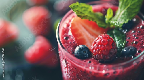 Closeup of a smoothie with berries and mint.