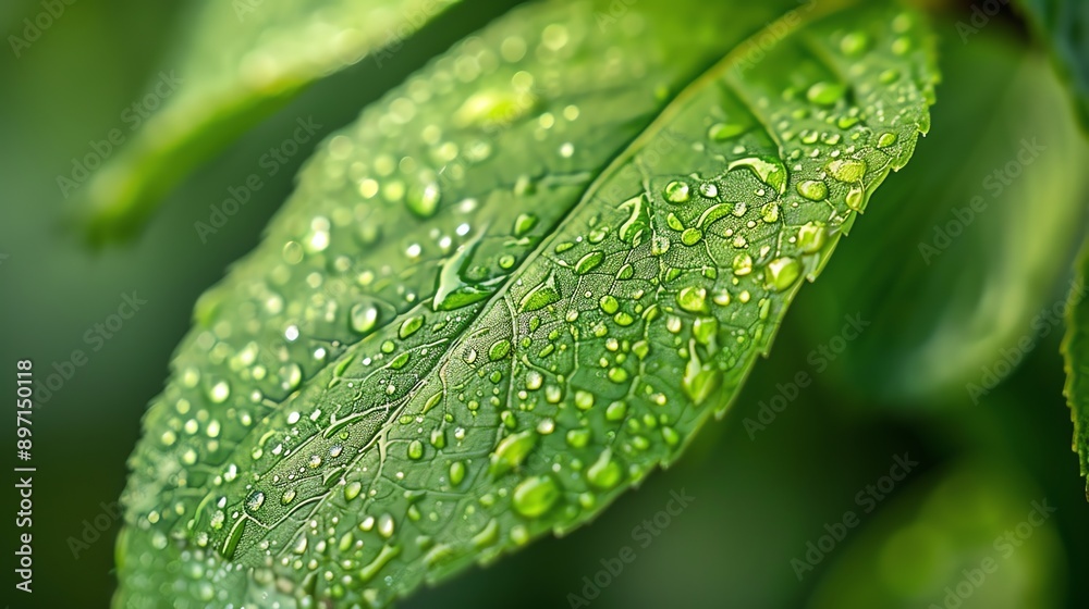 A close-up of a green leaf covered in water droplets. A close-up of a green leaf covered in water droplets.