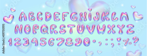 Shiny 3D bubble font in y2k style. Festive design with rainbow gradient and hearts. 3d render of the English alphabet with sparkles