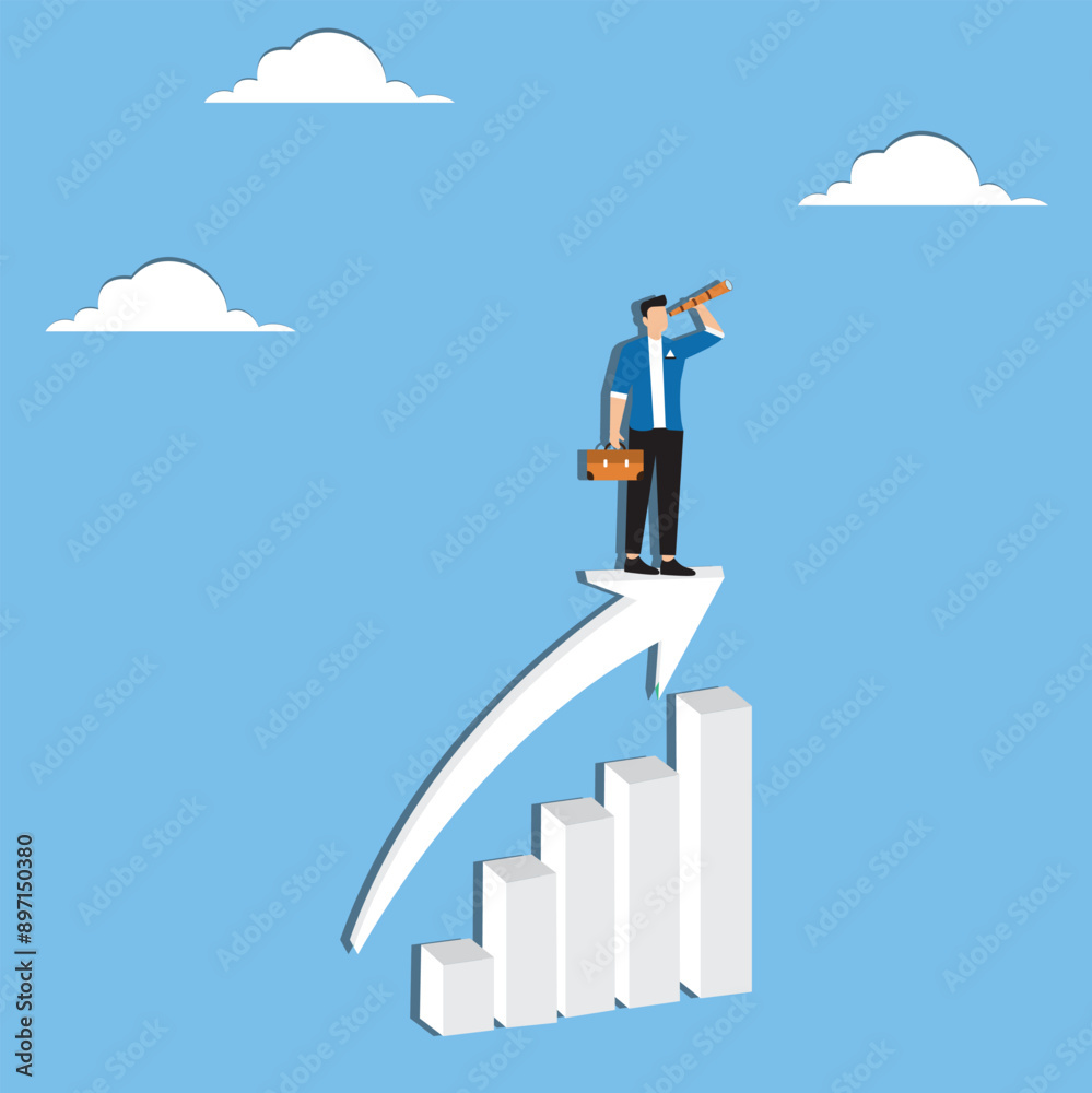 Searching for growth opportunity, vision to look and see future, challenge ahead or motivation to grow business concept, businesswoman on arrows look through binoculars to find business opportunity Searching for growth opportunity, vision to look and see future, challenge ahead or motivation to grow business concept, businesswoman on arrows look through binoculars to find business opportunity