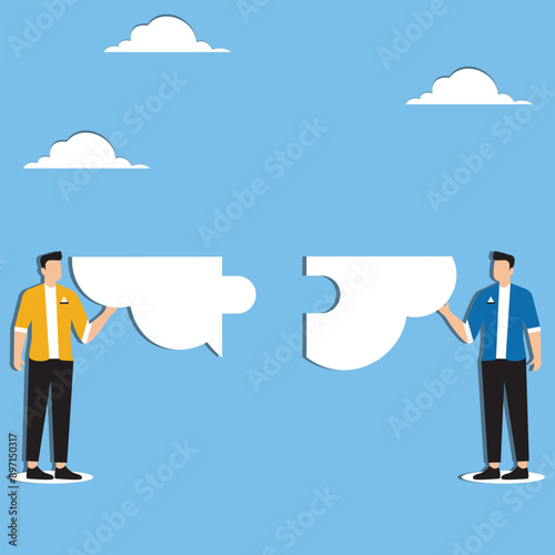 Jigsaw puzzle connection, teamwork partnership to help solve problem or challenge, cooperation or brainstorm to fit and match jigsaw pieces concept, businessman and woman help connect jigsaw puzzle © Master Art