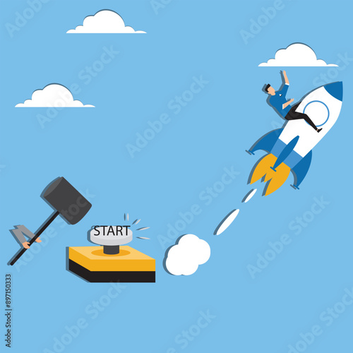 Launch startup rocket, start new business, boost rocket speed to success, begin entrepreneur company takeoff, fast growth corporate concept, businessman hand push start to launch startup rocket