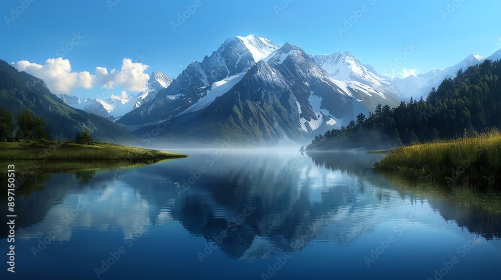 Serene mountain scene with reflections in a clear lake, surrounded by greenery, vibrant and detailed, digital art Serene mountain scene with reflections in a clear lake, surrounded by greenery, vibrant and detailed, digital art