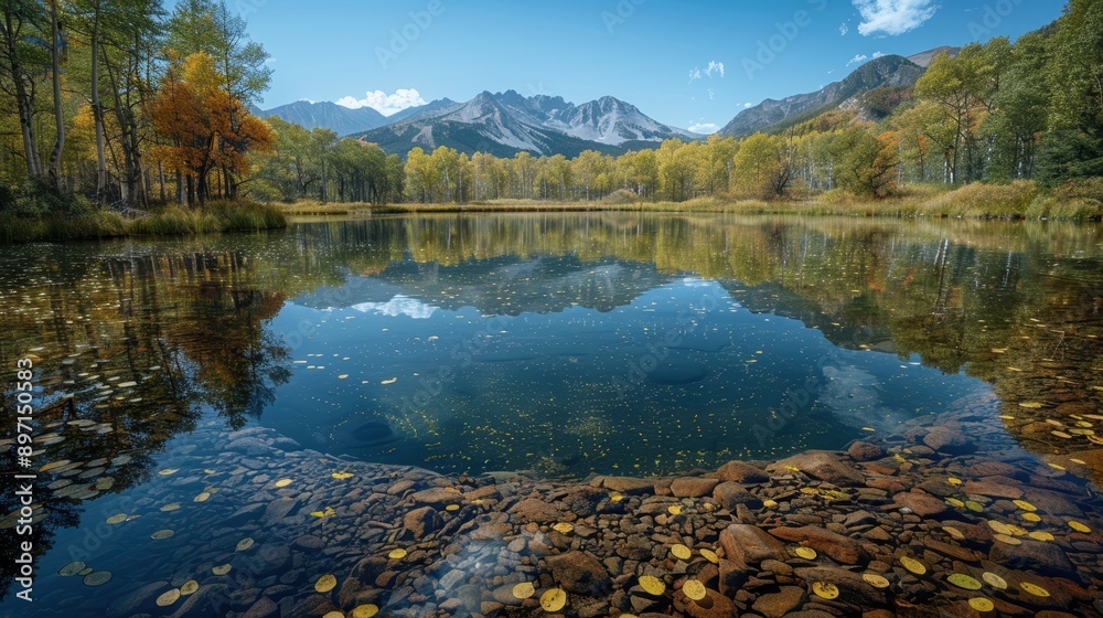 Obraz premium A stunningly beautiful autumn mountainous landscape featuring a crystal-clear lake reflecting the surrounding golden-leaved trees and majestic snow-capped peaks beneath a clear blue sky