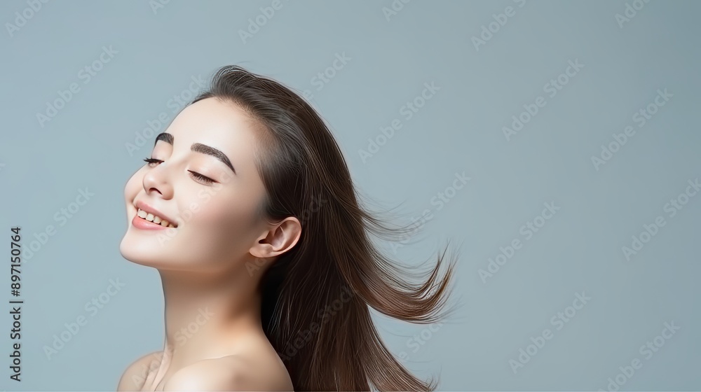 Asian woman with glowing skin, beauty concept with copy space for cosmetics advertising