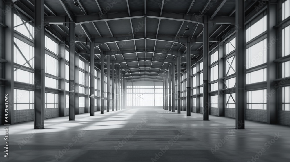 Obraz premium Industrial assembly layout erection, exposed steel, brick elements, rustic design, large open spaces, urban landscape, grayscale sketch, detailed construction