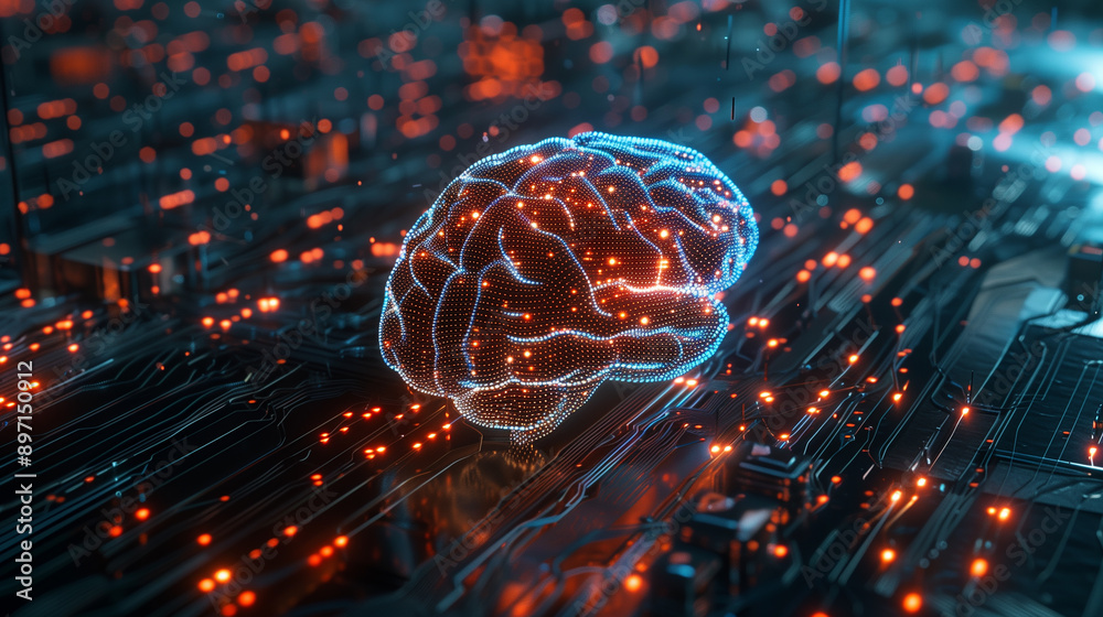A close up of a brain with many red and blue lines. The image is abstract and has a futuristic feel to it A close up of a brain with many red and blue lines. The image is abstract and has a futuristic feel to it