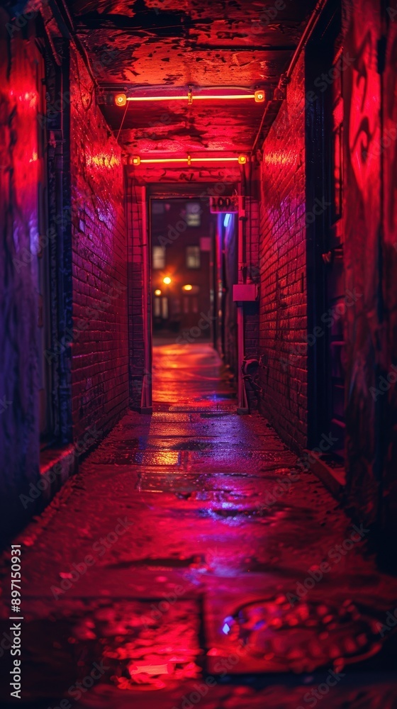 A narrow urban alleyway illuminated by vibrant neon red lights reflecting off wet pavement and graffiti-covered walls, leading to a distant street with blurred lights A narrow urban alleyway illuminated by vibrant neon red lights reflecting off wet pavement and graffiti-covered walls, leading to a distant street with blurred lights