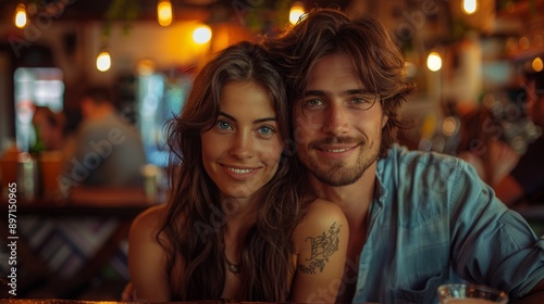 Smiling Couple Posing Together at Nighttime Bar