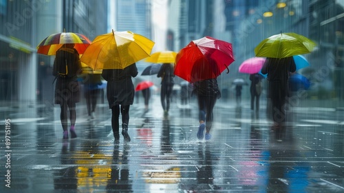 Wallpaper Mural People walking in rain with colorful umbrellas, blurred motion capturing movement, rainy street, urban lifestyle Torontodigital.ca