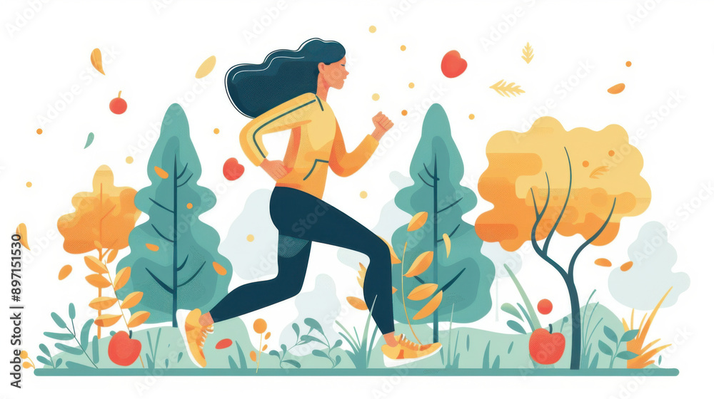 Illustration of a woman running through a colorful autumn park, surrounded by trees and falling leaves. Illustration of a woman running through a colorful autumn park, surrounded by trees and falling leaves.