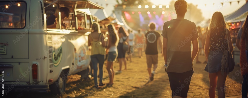 Attendees walk and socialize at an outdoor summer festival lined with food trucks, enjoying the warm weather, food, music, and evening atmosphere