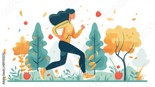 Illustration of a woman running through a colorful autumn park, surrounded by trees and falling leaves.