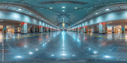 A spacious  modern subway station with bright lighting  clean reflective floors  and a high arched ceiling featuring shops and electronic signs  captured in a wide-angle  panoramic view