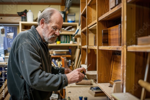 Skilled Carpenter Assembling Custom Bookshelf with Precision