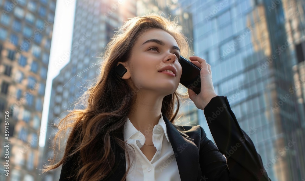 A confident woman in business attire uses her smartphone in an urban setting. The bright sunlight and towering buildings create a dynamic backdrop, symbolizing modern professional life A confident woman in business attire uses her smartphone in an urban setting. The bright sunlight and towering buildings create a dynamic backdrop, symbolizing modern professional life