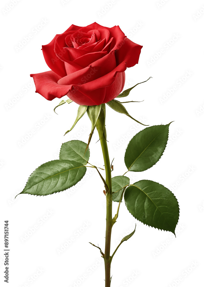 Obraz premium Beautiful red rose flower with stem and leaves. Dark red rose with green leaves isolated. Red rose on stem with clipping path on transparent background.