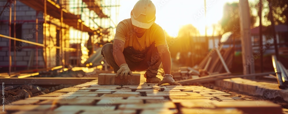 A bricklayer wearing gloves and a jacket carefully places bricks on a construction site, showcasing the meticulous detail and hard work involved in building structures