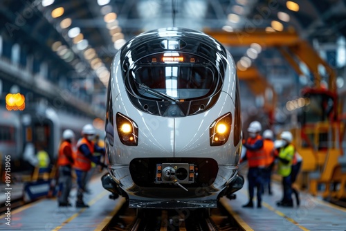 Group of engineers in safety gear working on a sleek high-speed train in a well-lit depot, highlighting cutting-edge technology and teamwork in the transportation industry.