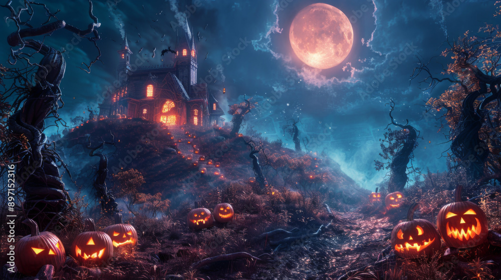 A spooky haunted house sits atop a hill under a full moon, surrounded by glowing jack-o'-lanterns and eerie trees. A spooky haunted house sits atop a hill under a full moon, surrounded by glowing jack-o'-lanterns and eerie trees.
