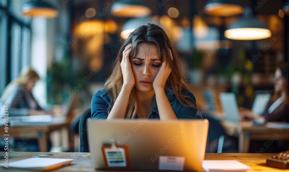 A stressed woman is sitting in a cafe, focusing intently on her laptop amidst a background of other people, highlighting the challenges and pressures of modern work life A stressed woman is sitting in a cafe, focusing intently on her laptop amidst a background of other people, highlighting the challenges and pressures of modern work life