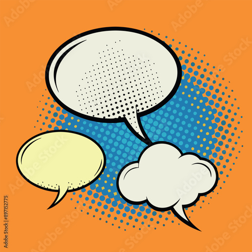 Speech bubbles. Vintage bubbly comedy forms and vintage text bubbles. Clouds of thought and speech with a halftone vector set