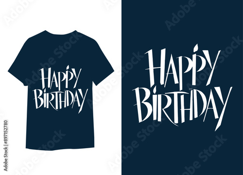 Happy Birthday.Beautiful greeting card scratched calligraphy black text word gold stars.