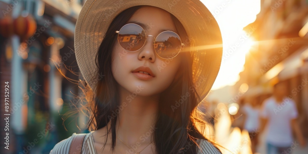 A woman wearing a hat and sunglasses walking on a city street A woman wearing a hat and sunglasses walking on a city street