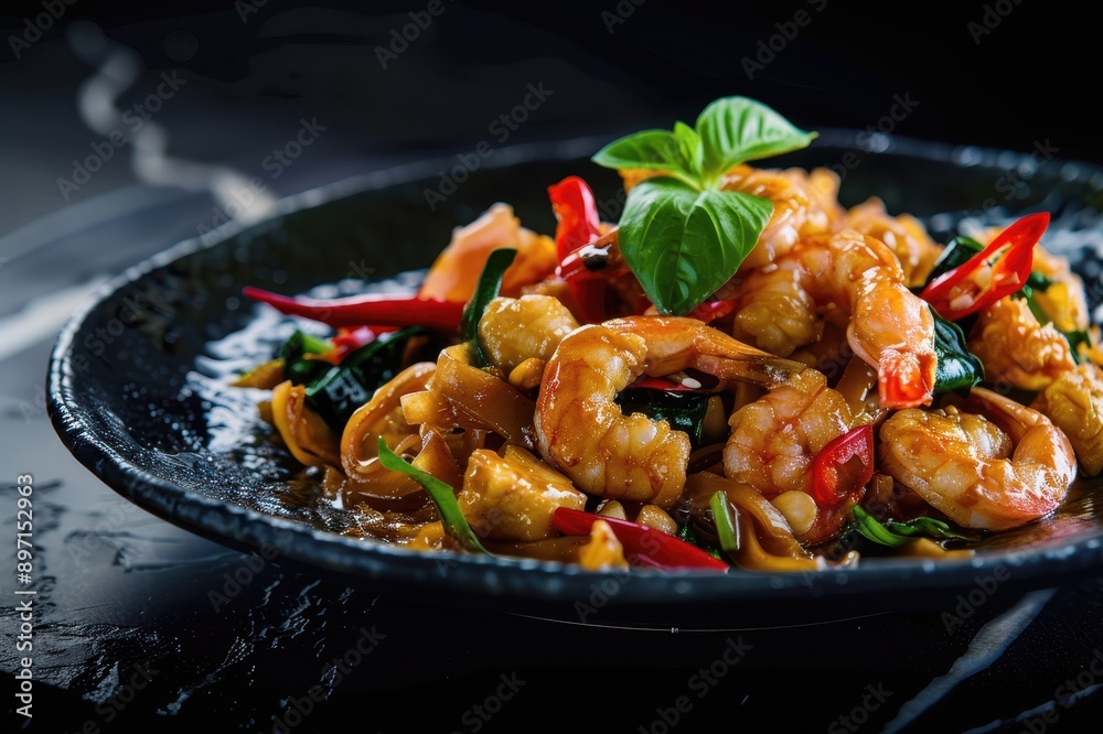 Close-Up of a Plate of Sauteed Shrimp with Basil and Chili Peppers Close-Up of a Plate of Sauteed Shrimp with Basil and Chili Peppers